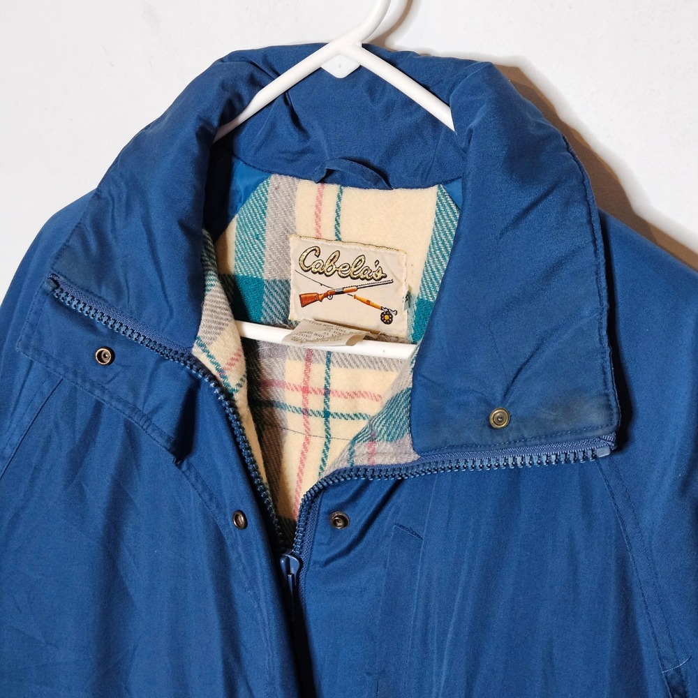 Cabelas Vintage Womens M Goose Down Long Coat Blue Plaid Lined Hunting Winter - Picture 2 of 5